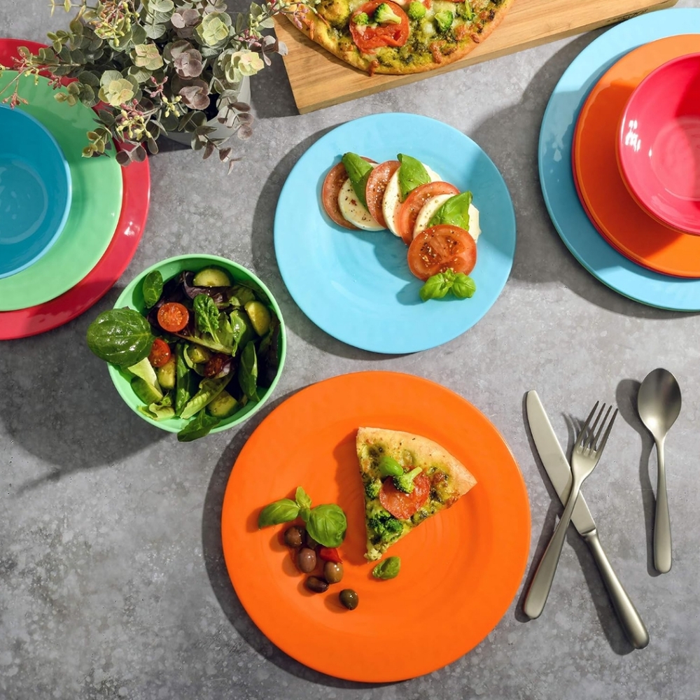 12 piece multi colored dinnerware set